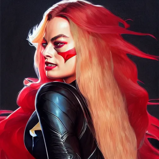 Prompt: beautiful Margot Robbie as Batwoman, western, closeup, D&D, fantasy, intricate, elegant, highly detailed, digital painting, artstation, concept art, matte, sharp focus, illustration, art by Artgerm and Greg Rutkowski and Alphonse Mucha