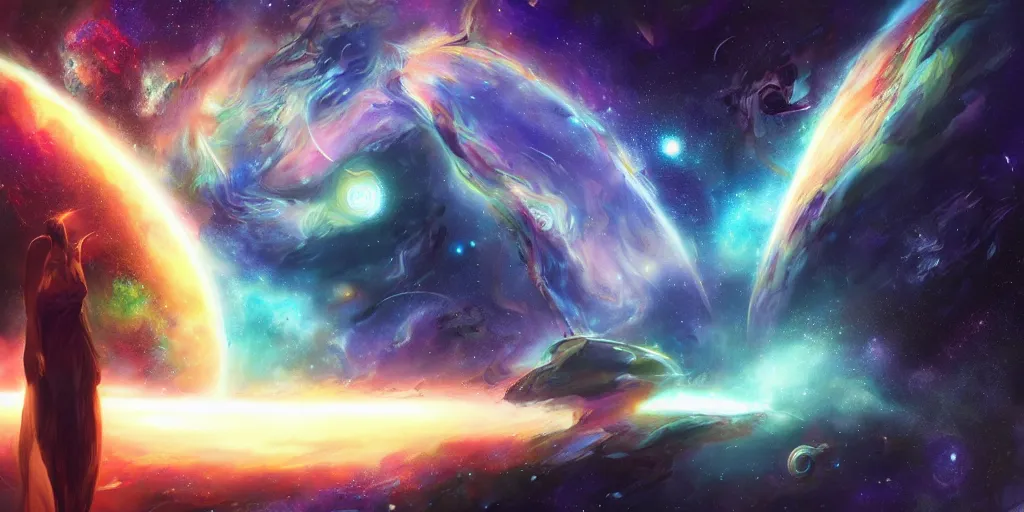 Image similar to galactic diffusion forming an entire universe with its thoughts, concept art, digital illustration, trending on artstation, deviantart, artgerm, epic composition, masterpiece, highly detailed, advanced technique, ambient lighting, wlop, ross draws