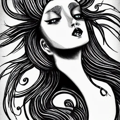 Image similar to black and white illustration, creative design, beautiful feminine mermaid with flowing hair