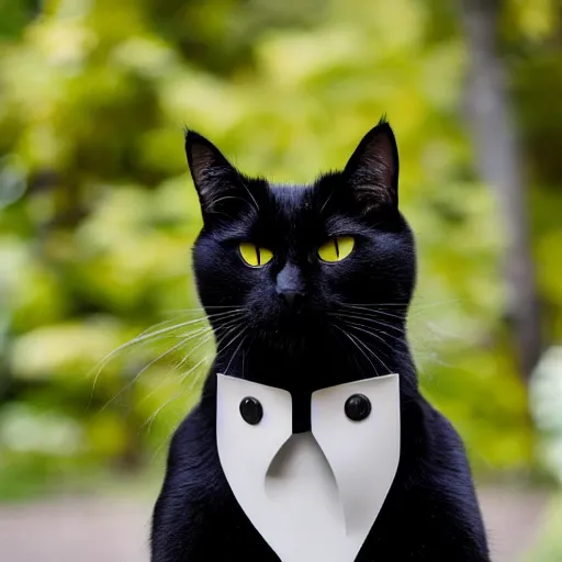 Image similar to a black cat with yellow eyes wearing a suit of armor