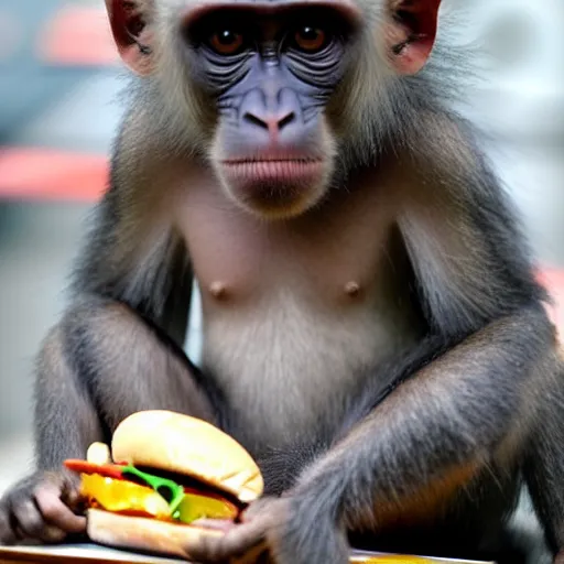 Prompt: a monkey eating an hamburger