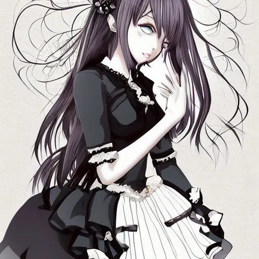 Image similar to beautiful illustration of anime maid, stunning and rich detail, pretty face and eyes. Gothic style, clear and perfect anatomy. Full-body shot from the side