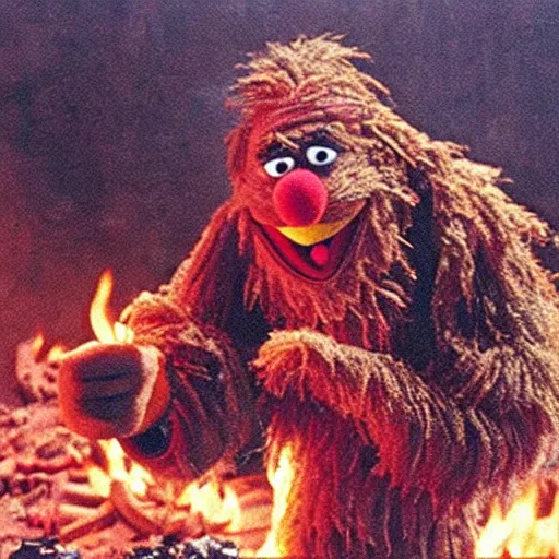 Prompt: “film still of Bert from Sesame Street throwing the one ring into the fires of Mount Doom, directed by Peter Jackson”