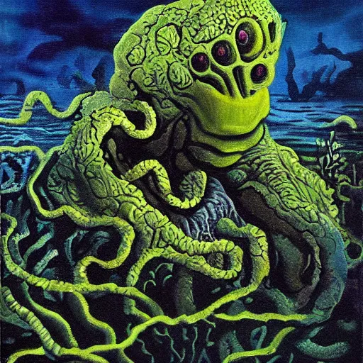 Prompt: deep sea plant life creature, black lagoon, amphibious, seaweed, coral, surreal painting, painted by dali,