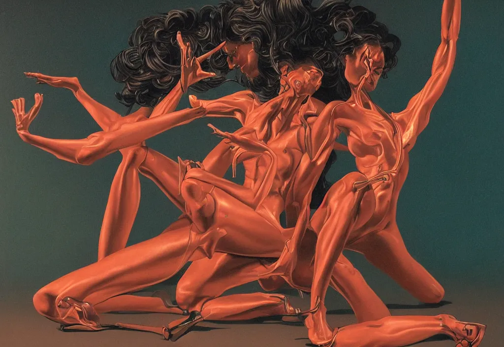 Image similar to A woman with four legs and four arms trying to count her legs, in the style of Hajime Sorayama, extremely detailed masterpiece, oil on canvas, low-key neon lighting, artstation, Blade Runner 2049, Roger Deakin’s cinematography, by J. C. Leyendecker and Peter Paul Rubens and Edward Hopper and Michael Sowa,