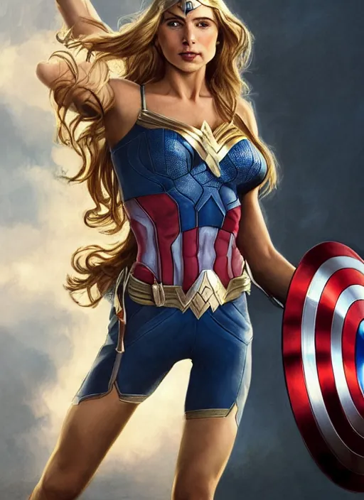 Image similar to toned young april with a mischievous face and extremely long blonde wavy hair dressed as teen superhero, posing with hands behind back, captain america, wonder woman, intricate detailed face, artgerm, greg rutkowski, alphonse mucha