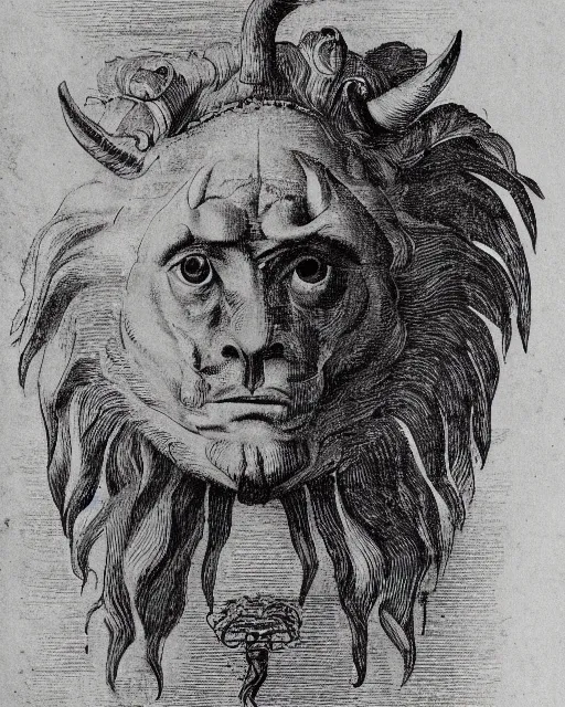 Image similar to a creature with four faces in one, human eyes, eagle beak, lion mane, two horns on the head, drawn by da vinci