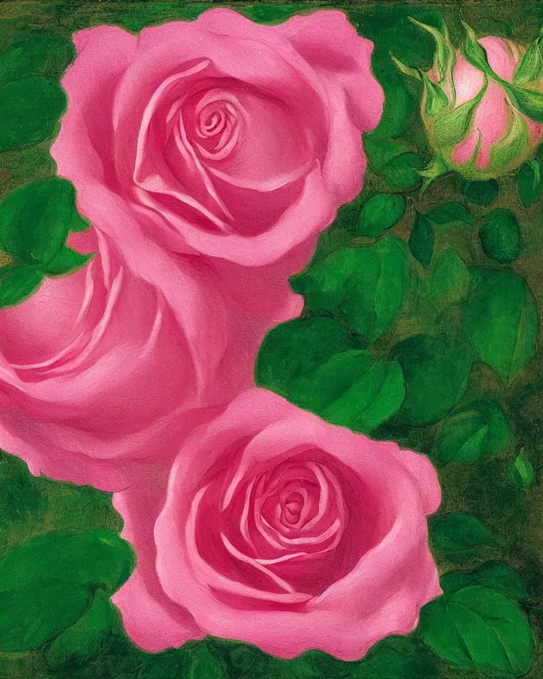 Prompt: achingly beautiful extreme close up painting of blooming pink rose on green background by rene magritte, monet, and turner. piranesi. macro lens, symmetry, circular.