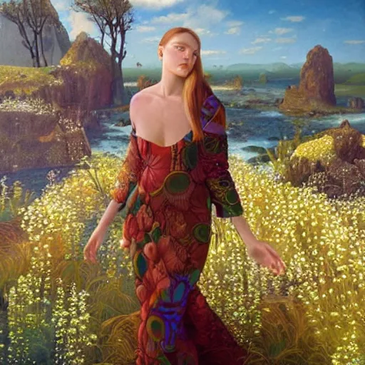 Image similar to A beautiful portrait of a woman with iridescent skin in a scenic environment by James C. Christensen