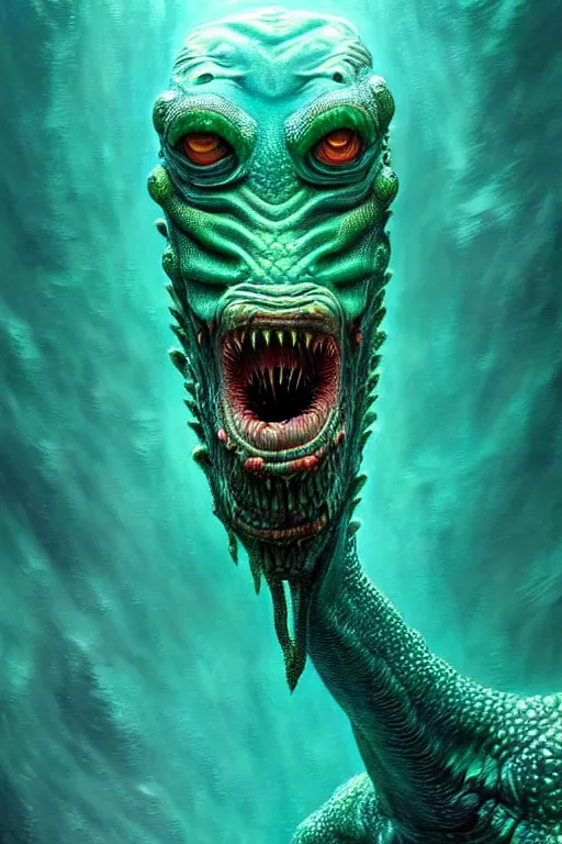 Image similar to hyperrealistic close-up surrealism underwater creature monster!! highly detailed concept art eric zener elson peter cinematic hard green lighting high angle hd 8k sharp shallow depth of field, inspired by David Paul Cronenberg and Zdzisław Beksiński