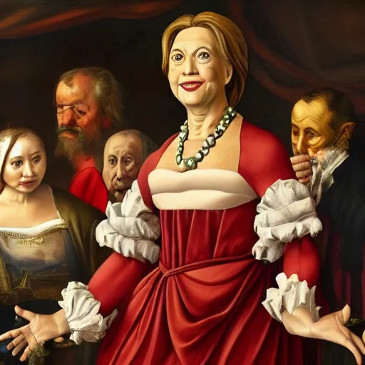 Image similar to lifelike renaissance painting of hillary clinton in a frilly dress