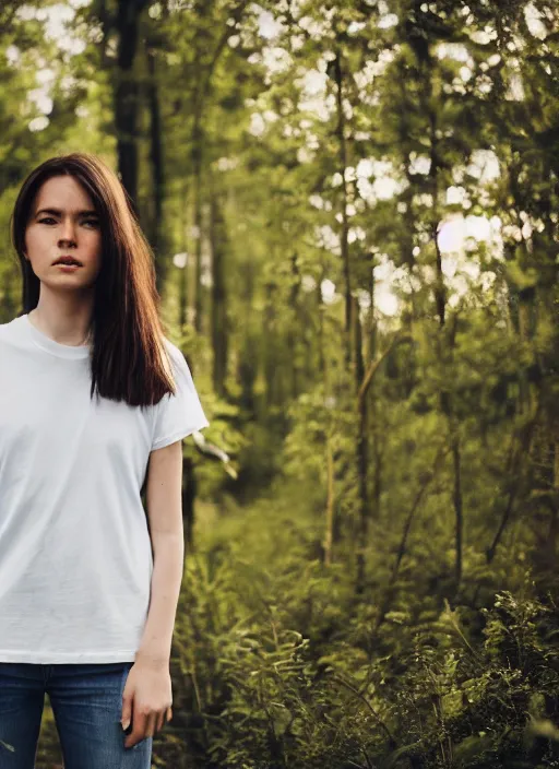 Image similar to a woman, in nature, backlit, wearing pants and a t-shirt, backlit, photo by Marat Safin, Canon EOS R3, f/1.4, ISO 200, 1/160s, 8K, RAW, unedited, symmetrical balance, in-frame