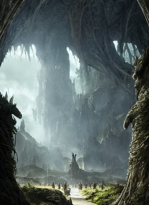 Prompt: medieval adventurer in lord of the rings scenery landscape, inside an enormous overgrown alien cathedral, huge statue of a dragon made of shiny obsidian in the distance, highly detailed, cinematic lighting, perfect composition, 4 k, gustave dore, derek zabrocki, greg rutkowski, octane render