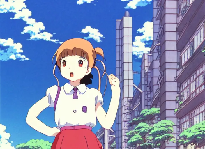 Prompt: anime fine details portrait of joyful school girl stay in front of big city buildings, nature, bokeh, close-up, anime masterpiece by Studio Ghibli. 8k, sharp high quality classic anime from 1990 in style of Hayao Miyazaki