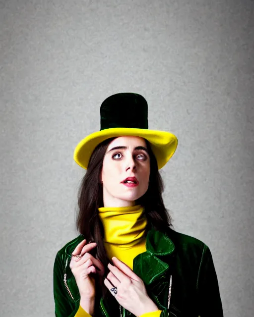 Image similar to photorealistic portrait headshot photos of kristen ritter wearing a yellow leather jacket, green corduroy pants, a red silk blouse, and purple velvet top hat on her head, photoshoot in the style of annie leibovitz, photorealistic, bokeh