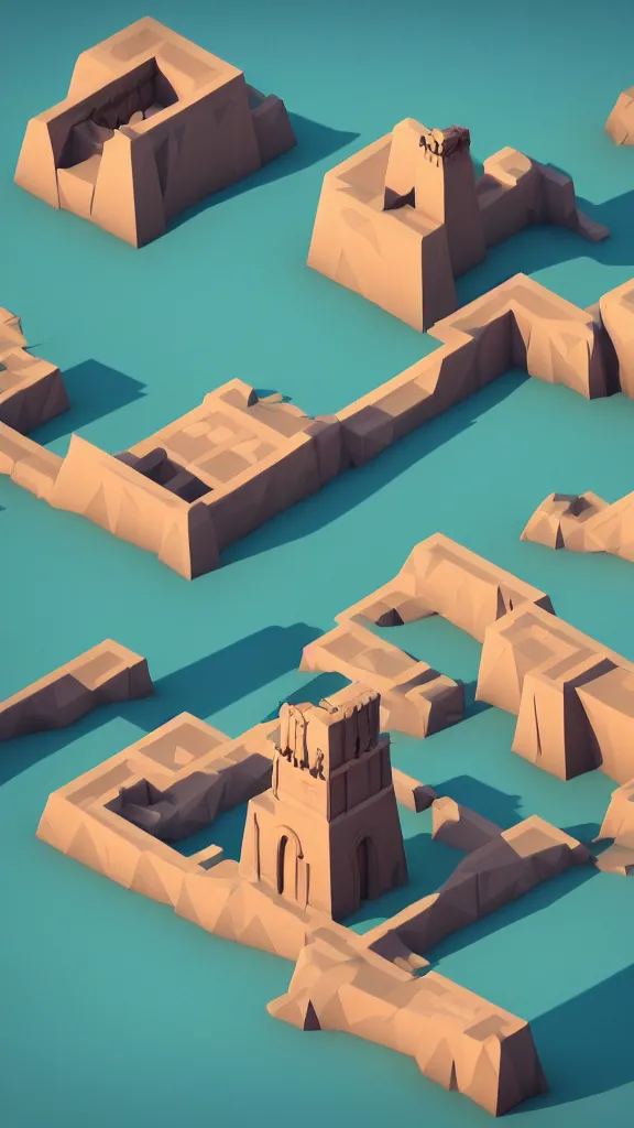 Prompt: matte 3 d low poly scene of a desert temple, lat lighting, isometric perspective on tropical beach background, soft shadows, 3 d render, monument valley, fez game,