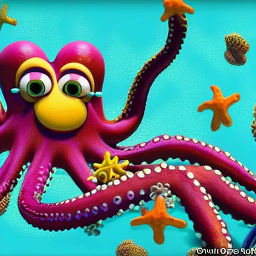 Prompt: an octopus hugging a starfish, Pixar cartoon
