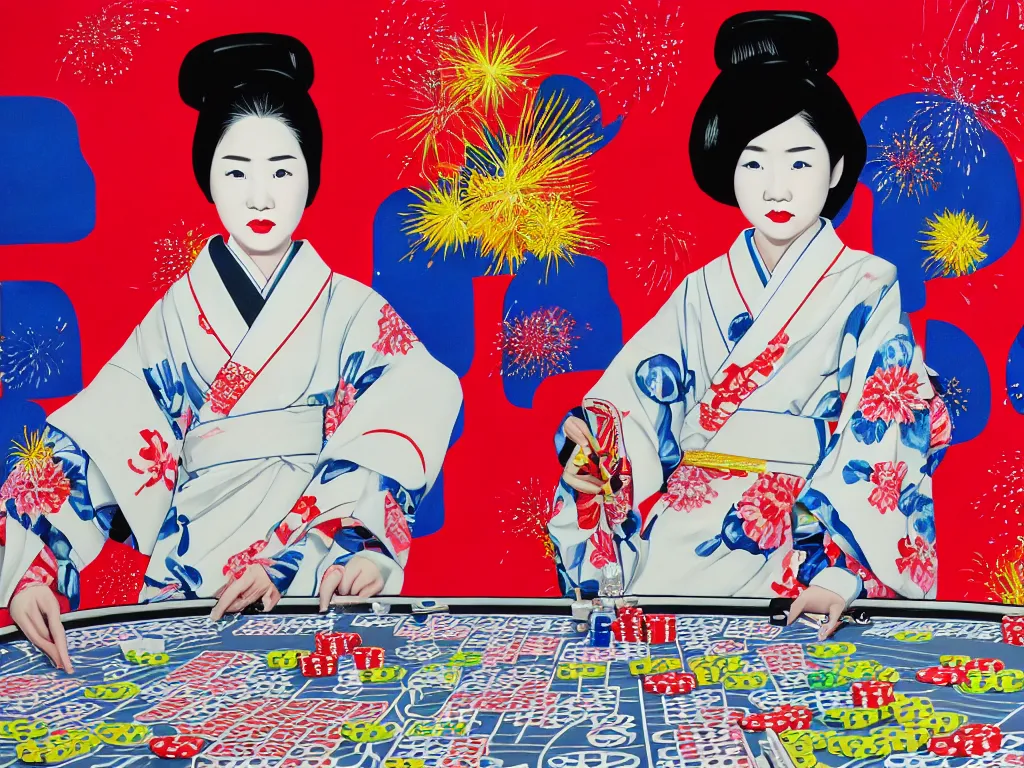 Image similar to hyperrealism composition of the detailed single woman in a japanese kimono sitting at an extremely detailed poker table with stormtrooper, fireworks, river on the background, pop - art style, jacky tsai style, andy warhol style, acrylic on canvas