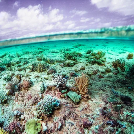 Image similar to An (abandoned) underwater road surrounded by colourful corals, fish and other sea life