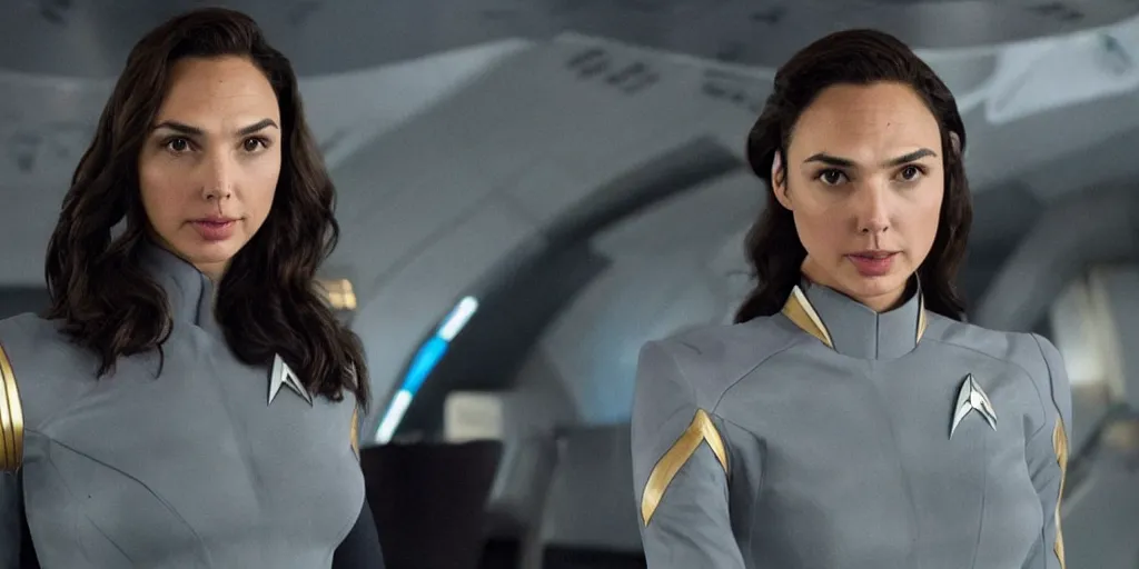 Image similar to gal gadot, in full starfleet uniform, is the captain of the starship enterprise in the new star trek movie