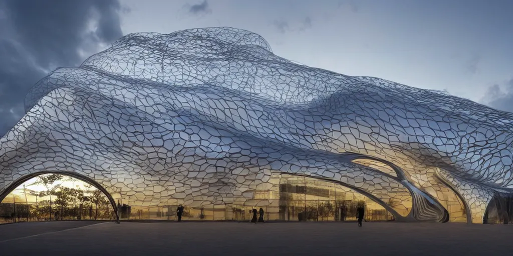 Image similar to extremely detailed ornate stunning sophisticated beautiful elegant futuristic museum exterior by Zaha Hadid, stunning volumetric light, sunset, concrete ant translucent material, stunning skies, 8k dragonfly structural pattern