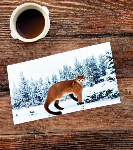 Image similar to postcard showing 'a cougar sleeping in the middle of snowy pine tree' laying on coffee table and ripped up, zoomed out shot, HD, iphone capture