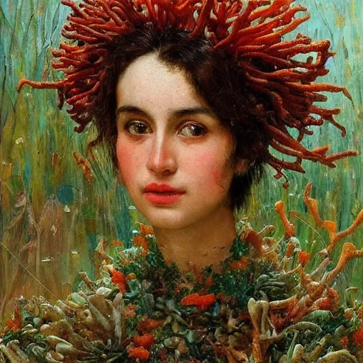 Image similar to a sculpture portrait made of seaweed and coral and shells and lilies, painting part by wojciech siudmak, part by ilya repin, part by max ernst, part by norman rockwell, artstation