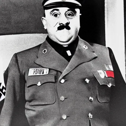 Prompt: 1942 photograph of Danny DeVito in a Nazi officer's uniform standing next to Adolf Hitler