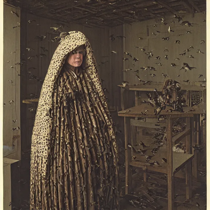 Prompt: a woman wearing a hood made of birds, in an abandoned office building, by jan van eyck, canon eos c 3 0 0, ƒ 1. 8, 3 5 mm, 8 k, medium - format print