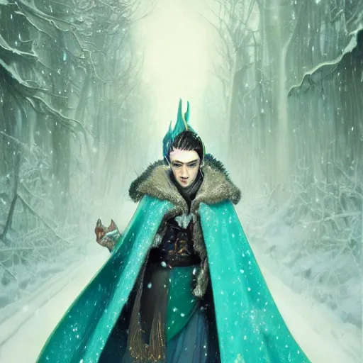 Image similar to handsome pointy - eared male snow elf in a turquoise cape and silver ornate armour, albino skin, androgynous face, mid - shot, moonlight snowing, ethereal opalescent mist, winter vibes, perfect face, elegant, very coherent symmetrical artwork, by greg rutkowski, alphonse mucha, charlie bowater, trending on artstation