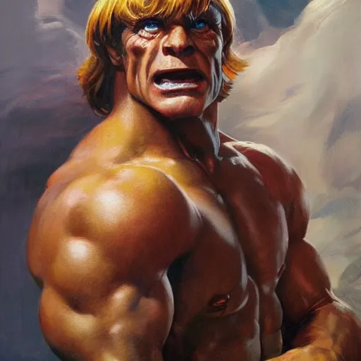 Prompt: ultra realistic portrait painting of he - man, frank frazetta, 4 k, ultra realistic, highly detailed, epic lighting