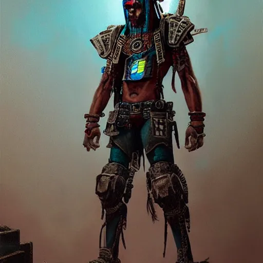 Prompt: aztec cyberpunk warrior with cool armor and tattoos, cyberpunk 2 0 7 7 and beksinski style painting