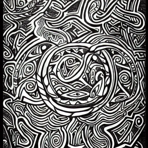 Image similar to a black and white line drawing of psychedelic maori tattoo design