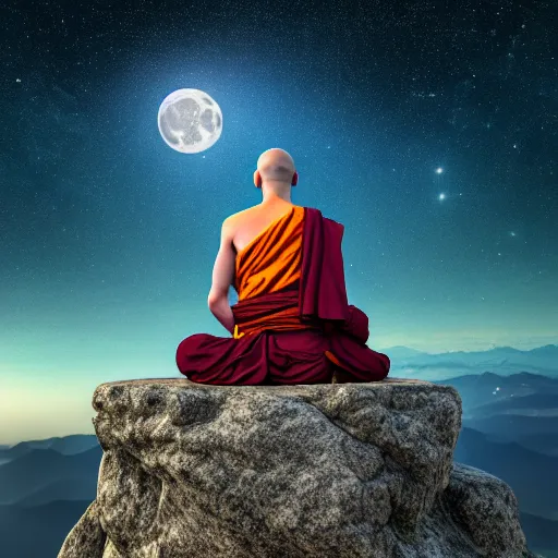 Prompt: high definition render of a monk on top of a mountain, alex gray, full moon, milky way, galaxy, buddhism, 8 k, intricate, raytracing, cinematic