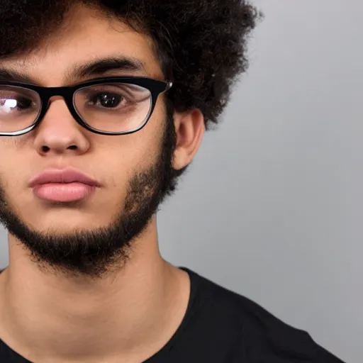 Prompt: 20 year old 1/4 black white mixed male with large frame, long brown puffy curly hair, square jaw, wearing black rimmed glasses, athletic shorts, a t-shirt, and slides