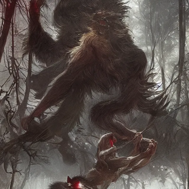 Image similar to a male werewolf with long claws fighting a young fit male vampire in a dark forest at night, by greg rutkowski and alphonse mucha, gradient brown to red, highly detailed, digital painting, artstation, concept art, smooth, sharp focus illustration