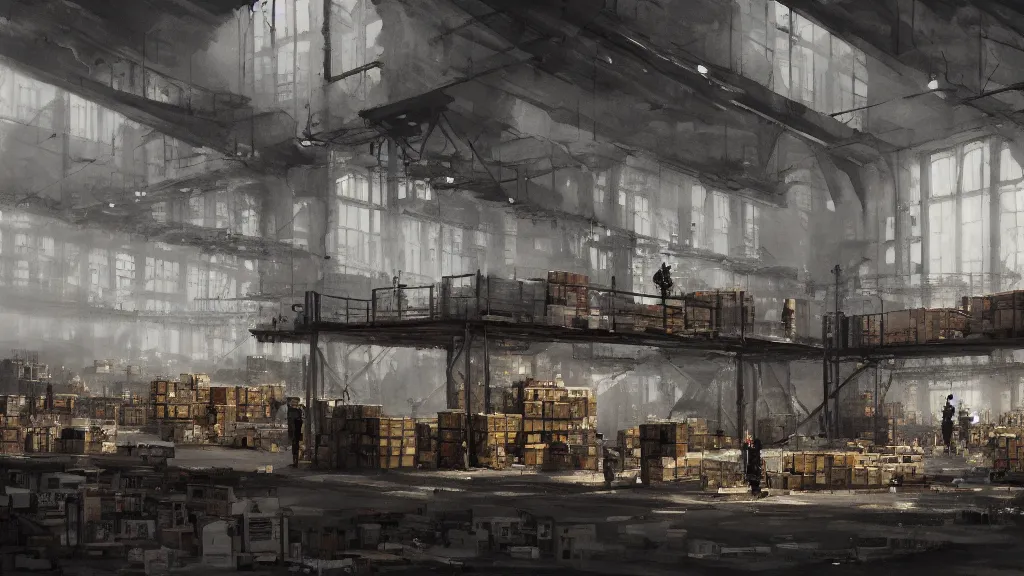 Image similar to interior of a warehouse filled with boxes, watercolored, jakub rozalski, dark colours, dieselpunk, artstation