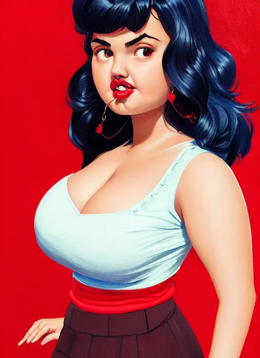 Image similar to full body portrait of teenage veronica lodge, obese, bangs, sultry, realistic, sultry smirk, wavy hair, red skirt, fat, belly, intricate, elegant, glowing lights, highly detailed, digital painting, artstation, concept art, smooth, sharp focus, illustration, art by wlop, mars ravelo and greg rutkowski