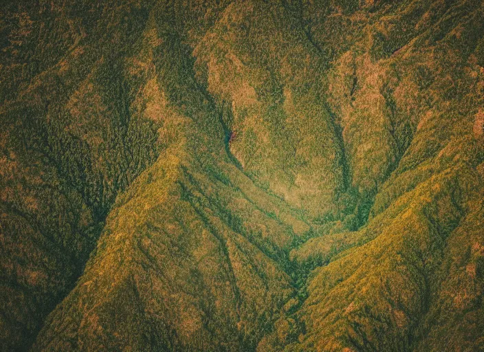 Image similar to symmetry!! a 2 8 mm macro tilt shift aerial view of a beautiful lush mountain range, photography, film, film grain, canon 5 0 mm, cinematic lighting, golden hour, hazy,