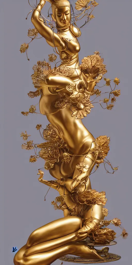 Image similar to a multi armed quan yin sculpture by hajime sorayama, holding a comically large lotus flower, digital art, artstation, concept art, award winning beautiful design,