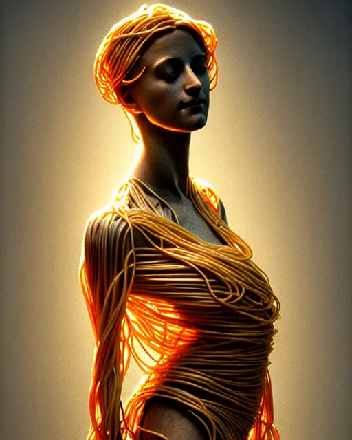 Prompt: statue of a woman, made of spaghetti, clothed, spotlight, backlit, diffuse lighting, fantasy, intricate, elegant, highly detailed, lifelike, photorealistic, artstation, illustration, concept art, sharp focus, art by john collier and albert aublet and krenz cushart and artem demura and alphonse mucha