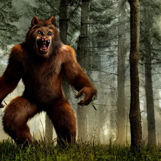 Prompt: furry anthro epic film still cinematic full body realistic tall brawny werewolf from the movie Van Helsing forest in background