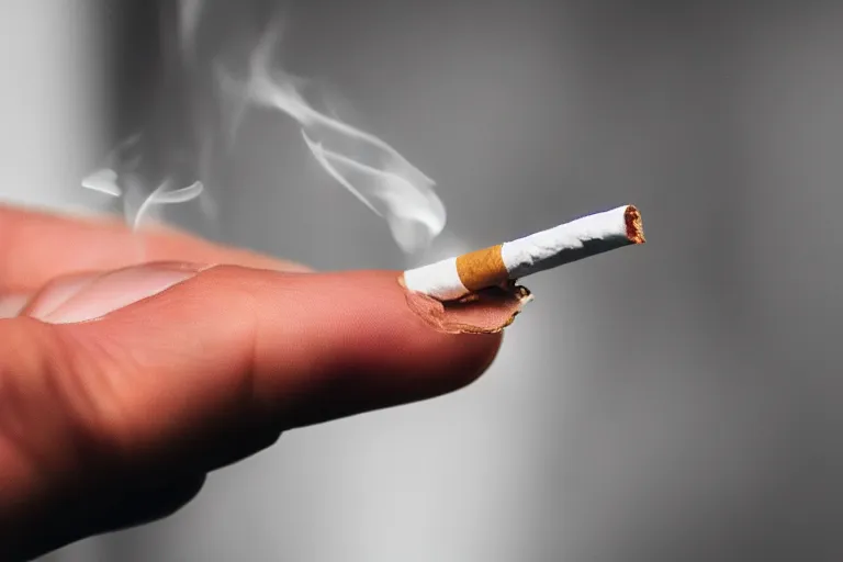 Image similar to Close-up of thin soft hand, cigarette with smoke, hand with five fingers, hyper realistic, high details, photo, super resolution