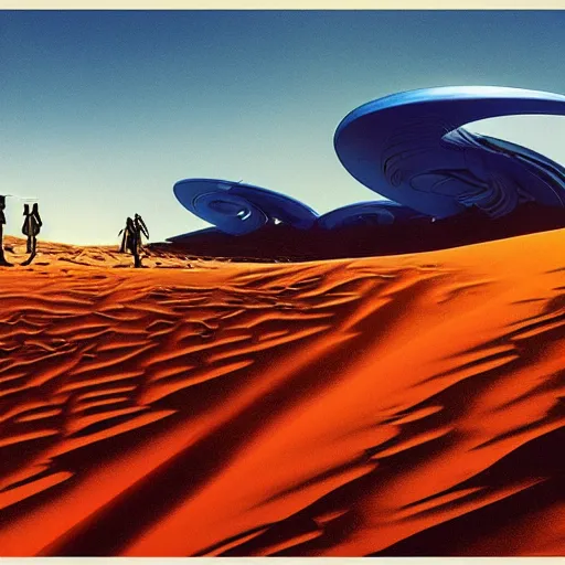 Image similar to Exploring Sand dunes on an alien planet, cinematic angle, cinematic lighting, blue sky, sun in the sky, by Syd Mead, John Harris, Federico Pelat