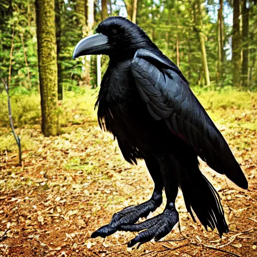 Image similar to humanoid crow, werecreature, photograph captured in a forest