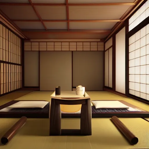 Image similar to still photo of a japanese dining room, highly detailed, photorealistic portrait, bright studio setting, studio lighting, crisp quality and light reflections, unreal engine 5 quality render