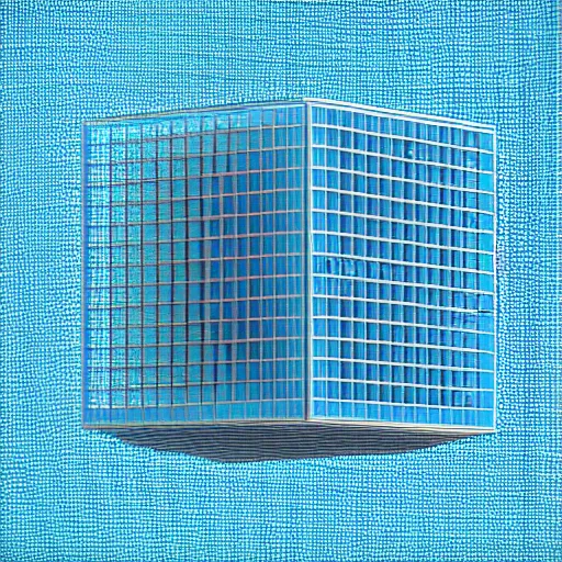 Prompt: cube made out of ( blue marbles ) and ( steel rods ), grid structure, octane render, studio photo