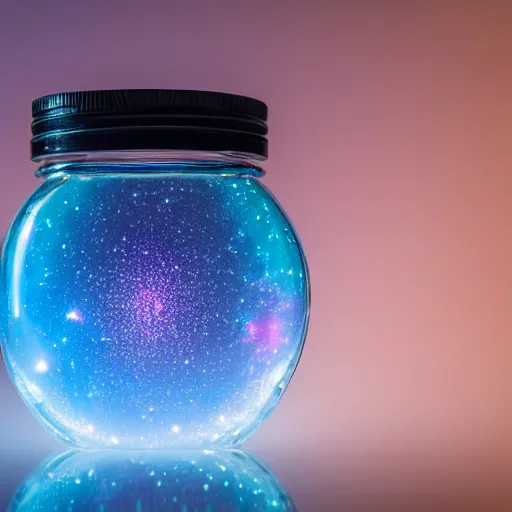Prompt: a galaxy inside a jar. on a white table. single light source. studio photography. raytracing. closeup. 4K. 14mm lens. iso 180. f/2.8. W-1024