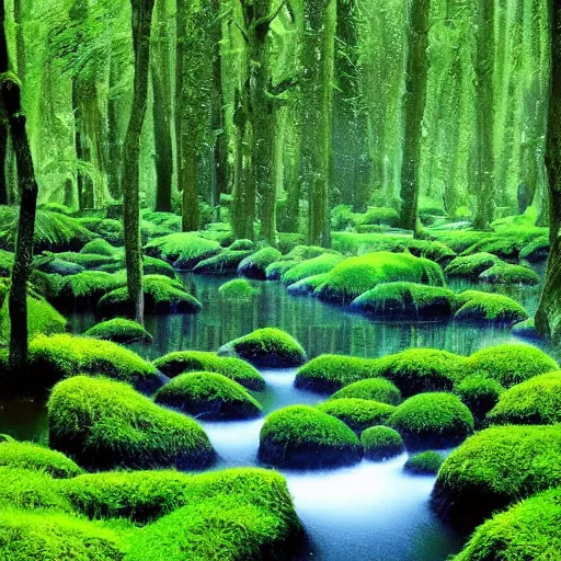 Prompt: pools of water in a forest, as far as the eye can see, the wood between the worlds, narnia, lush green forest, moss,