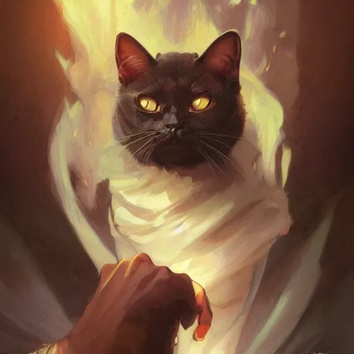 Image similar to portrait of an evil cat plotting against humanity, highly detailed, digital painting, artstation, concept art, sharp focus, illustration, art by artgerm and greg rutkowski and alphonse mucha